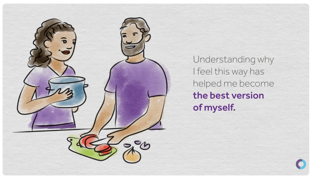 Watercolor illustration of a couple cooking together, with the words “Understanding why I feel this way has helped me become the best version of myself.”